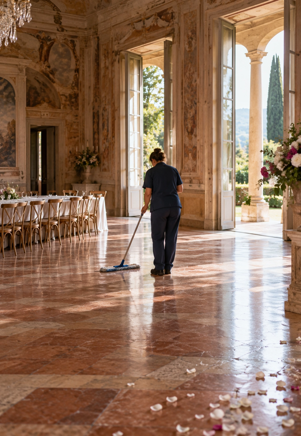 Sala di una villa rimessa in ordine dopo un ricevimento
