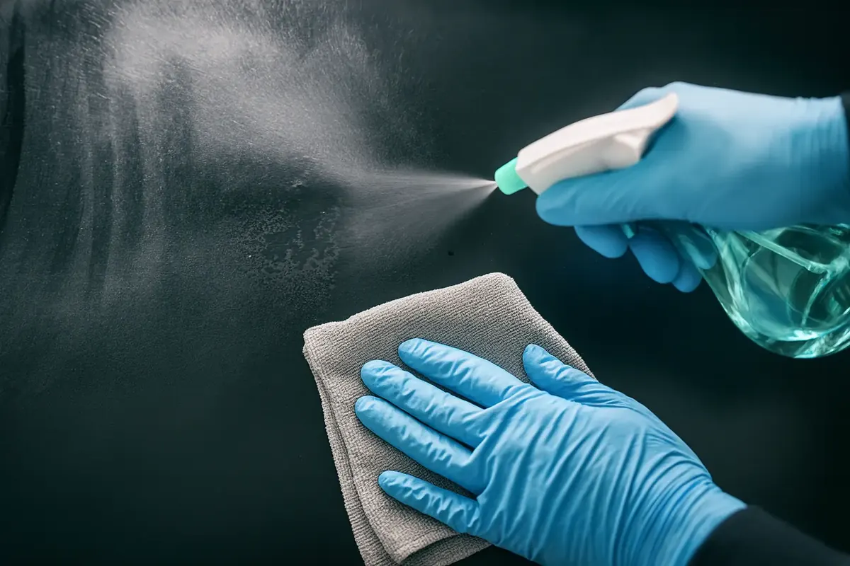 Pulizia di una superficie di lavoro con spray detergente e panno